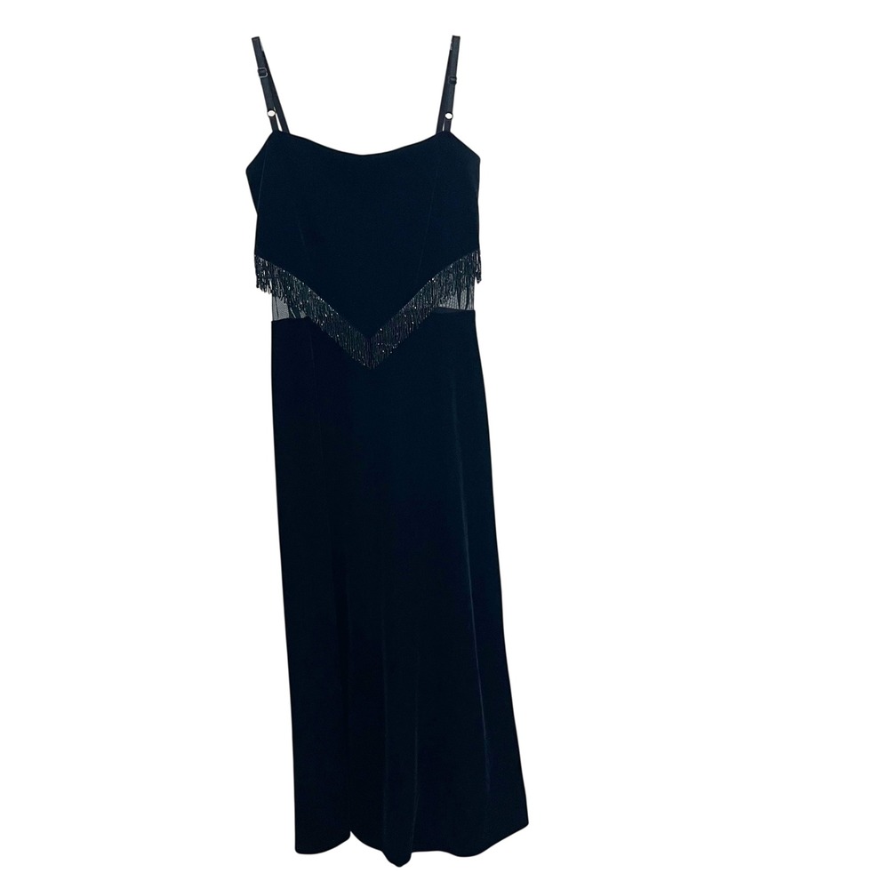 Vintage Patra Black Velvet Beaded Fringe Mesh Formal Maxi Dress 90s Y2K - Size 4